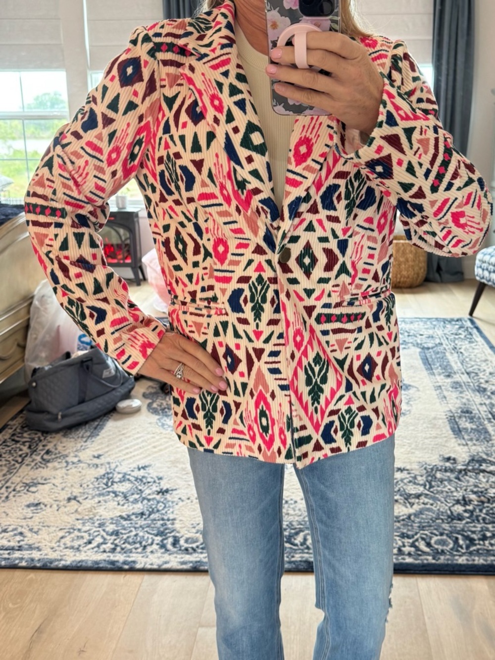 Savanna Jane Woven Ikat-Print Blazer Jacket in Cream & Pink Medium